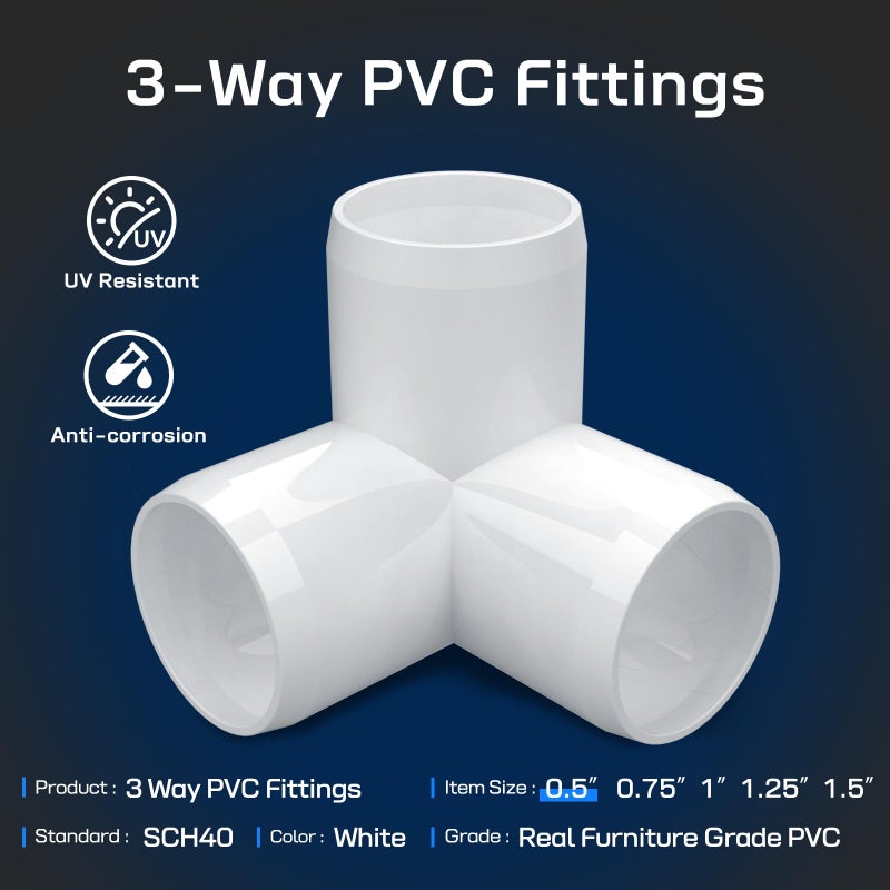 letsFix 1/2" PVC Fittings 3 Way (10-Pack) Furniture Grade, Elbow Connector, Heavy Duty for DIY Furniture, Frames, UV Resistant - Compatible with 1/2" Schedule 40 PVC Pipesâ€Œ - Image 2